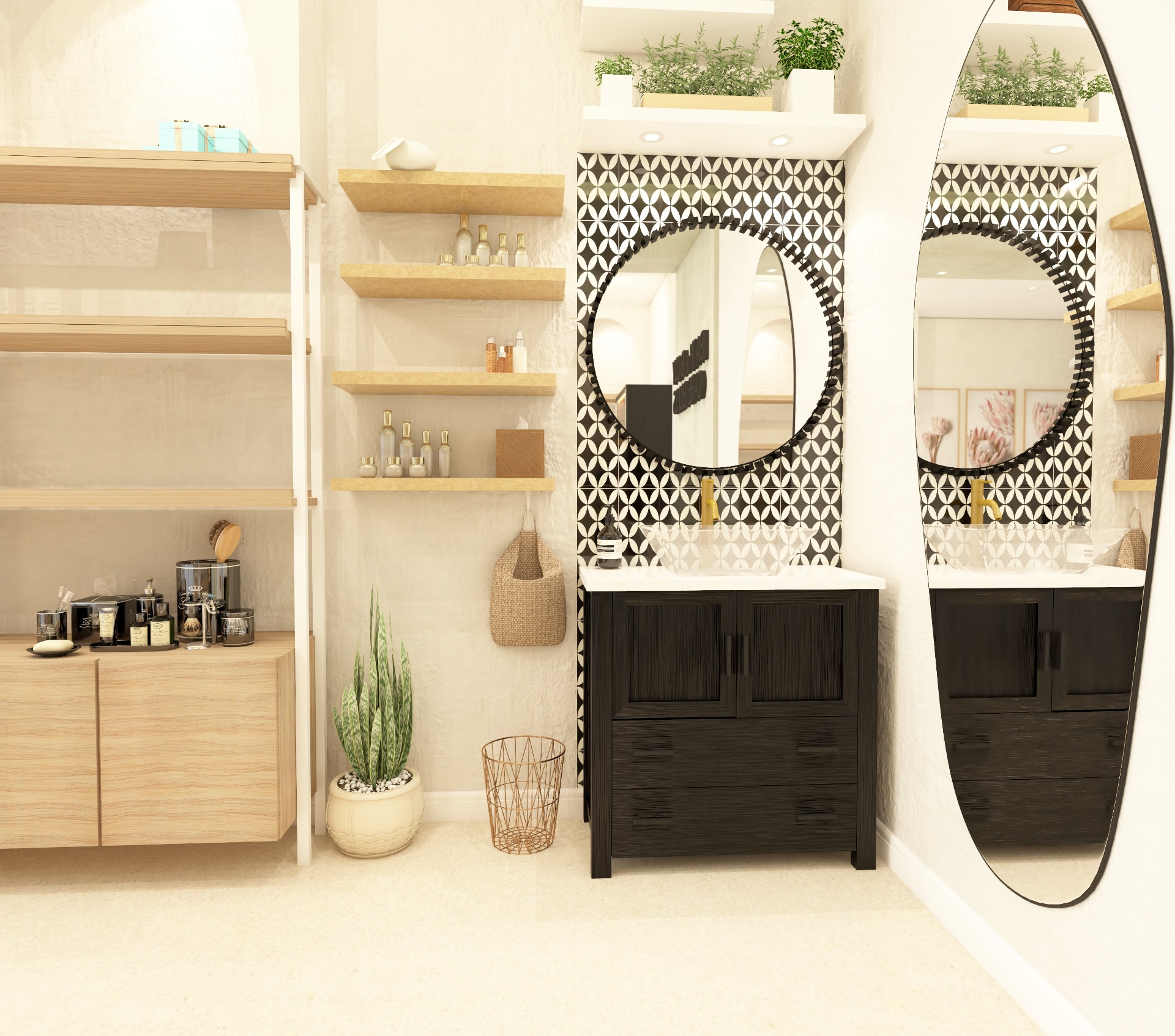 Patterned tile vanity and mirrors