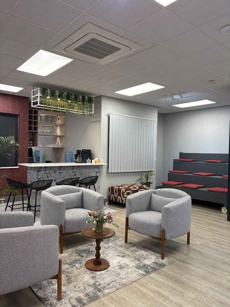 Tiered seating and coffee bar